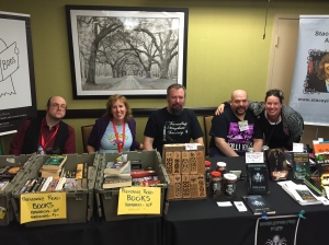From left to right: Artist Morbideus Wolfgang Goodell and authors Stacey Longo, Peter N. Dudar, L.L. Soares, and Kristi Petersen Schoonover at the Books & Boos table.